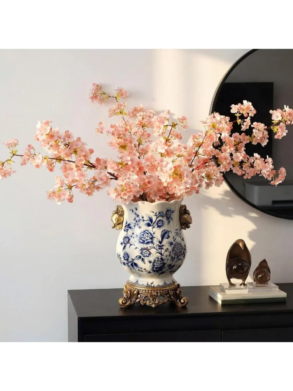 Vintage Blue & White Ceramic Vase, Gold Pedestal Chinoiserie Floral Urn, 8.3